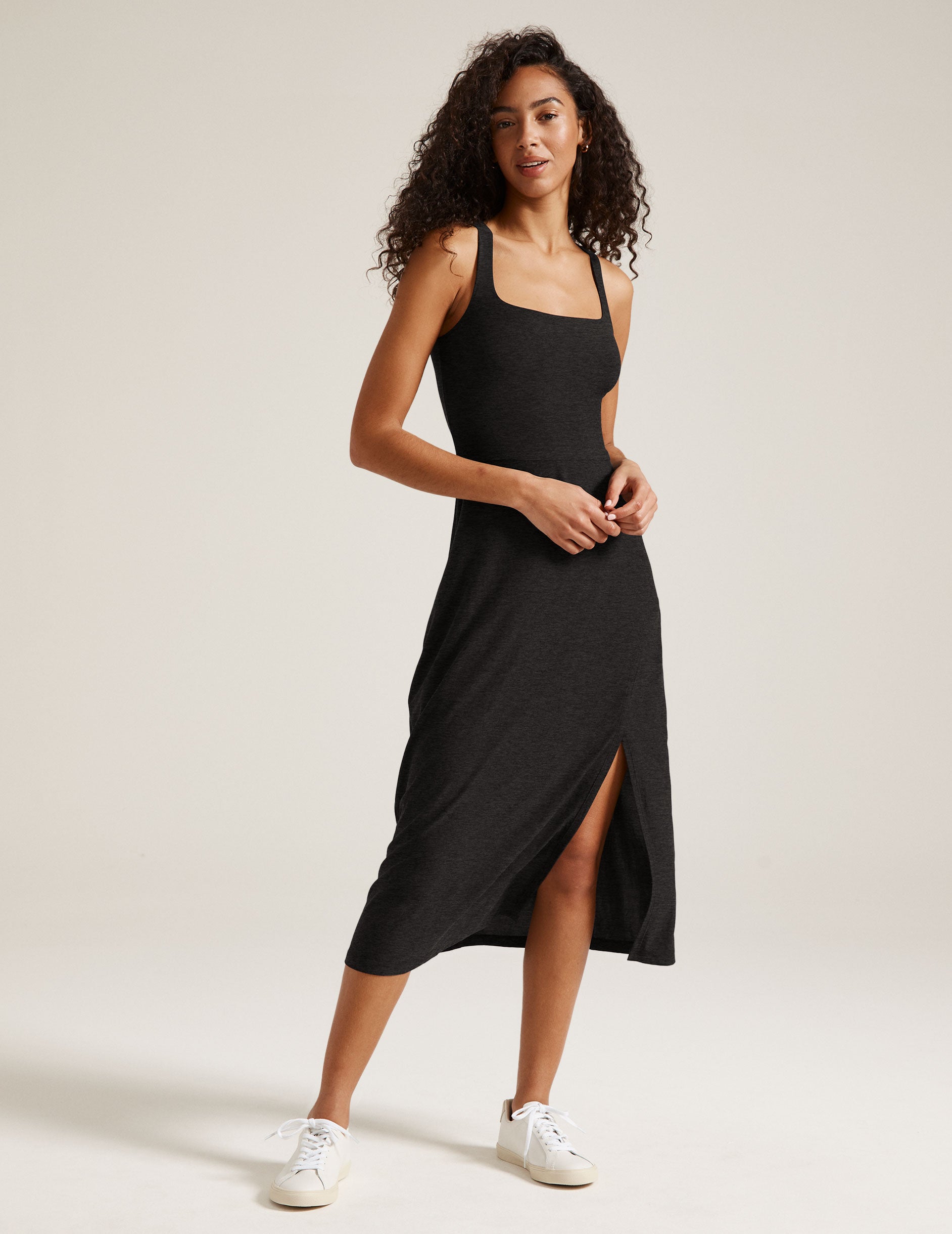 Featherweight Square Neck Slit Midi Dress