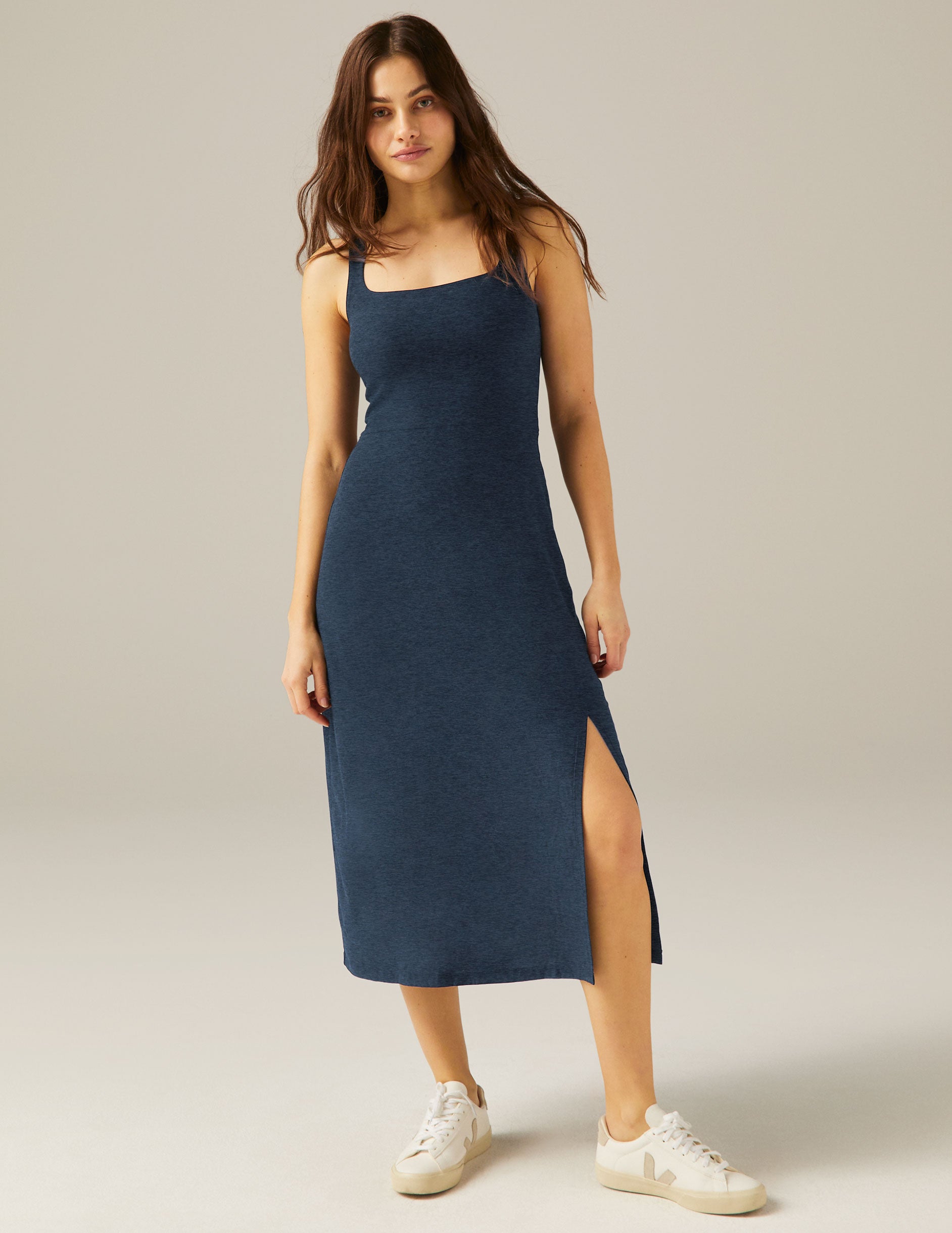 Featherweight Square Neck Slit Midi Dress